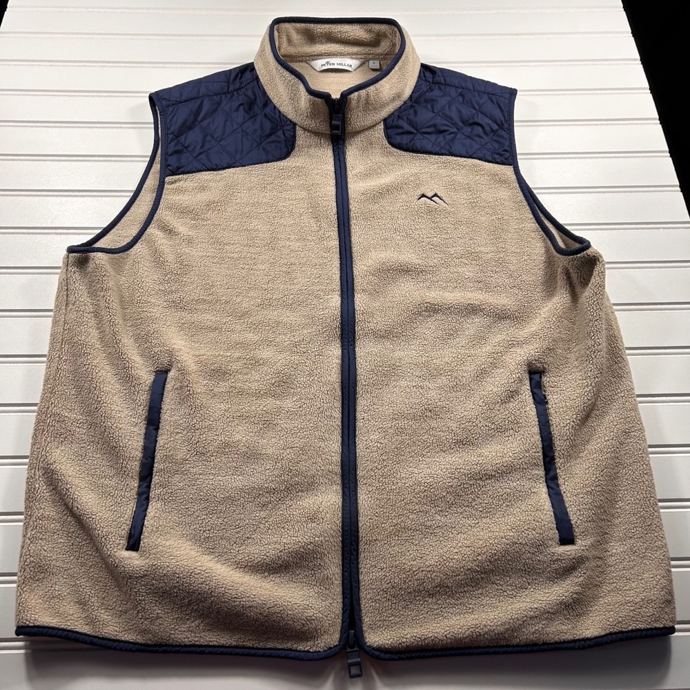 Peter Millar Crown Micro Shearling Fleece Vest Mens L Beechwood Tan Navy Quilted - Picture 5 of 16